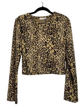 ZARA Cheetah Leopard Crop Knit Long Sleeve Stretch Crop Top Round Neck L Brown